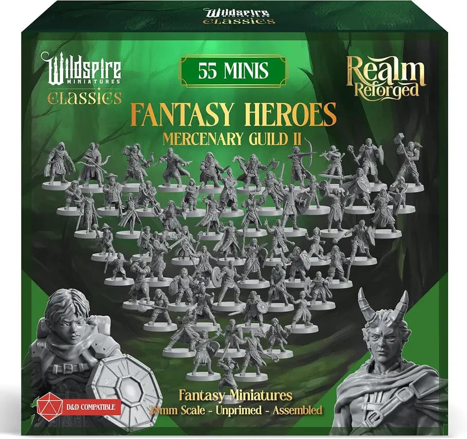 Wildspire Mercenary Guild II - Essential Heroes Set - Player Characters, NPC for DND Miniatures Bulk I 28mm for D&D Miniatures, Dungeons Dragons, DND Minis D&D Figures I Pathfinder, Realm Reforged