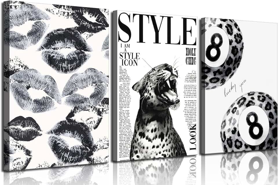 3Pcs Trendy Black and White Leopard Canvas Wall Art Fashion Lucky 8 Ball Lips Pictures Wall Decor Vintage Newspaper Cheetah Posters Prints for Bedroom Apartment Dorm 12x16in