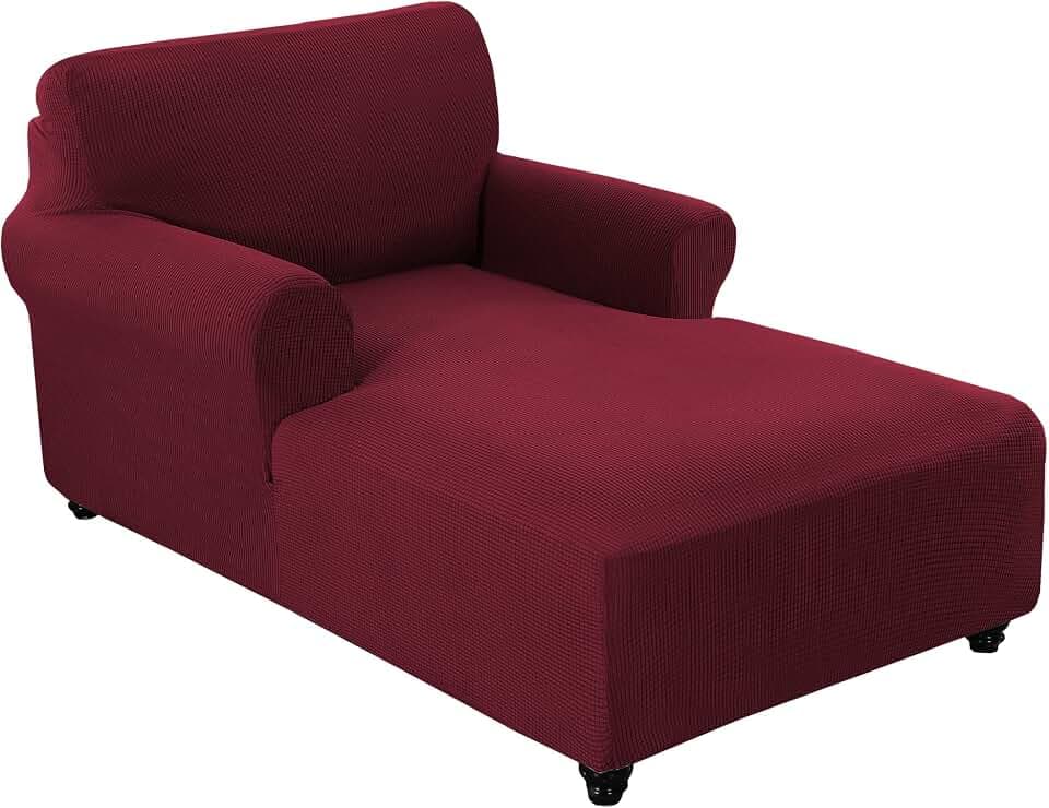 FantasDecor Chaise Lounge Cover Stretch Chair Lattice Slipcover with Armrests for Living Room Bedroom Double Arm Soft Jacquard Fabric Machine Washable, Burgundy
