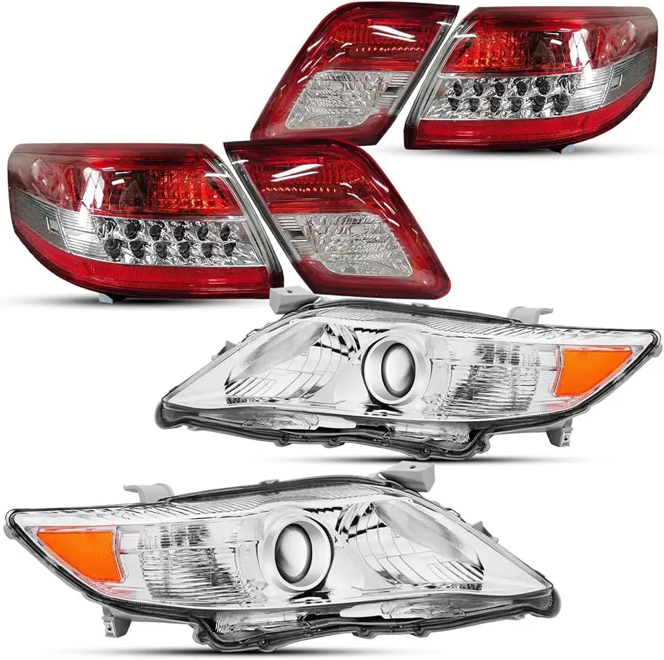6pc-kit Headlights and Tail Lights Assembly For 2010 2011 Toyota Camry LE XLE SE Hybrid Sedan Replacement Headlamps Chrome Housing clear lens Red Lens Rear LED Brake Lamps trunk lid lights set(LH&RH)