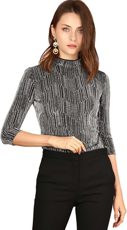 Allegra K Damen Glitzer Shirt Langarm Metallic Pailletten Glänzend Bluse
