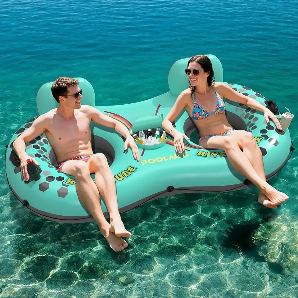 2-Person Inflatable River Tube, Heavy Duty Tube Float for River Pool Lake Beach w/Built-in Cooler & Cup Holders, Ergonomic Backrest, Durable Handles & Grab Rope, 660lb Weight Capacity