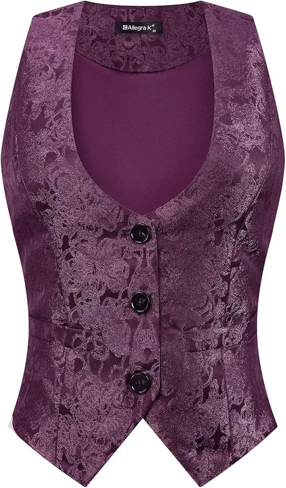 Allegra K Damen Anzugweste Ärmellos Gilet Knopfleiste Jacquard Vintage Weste