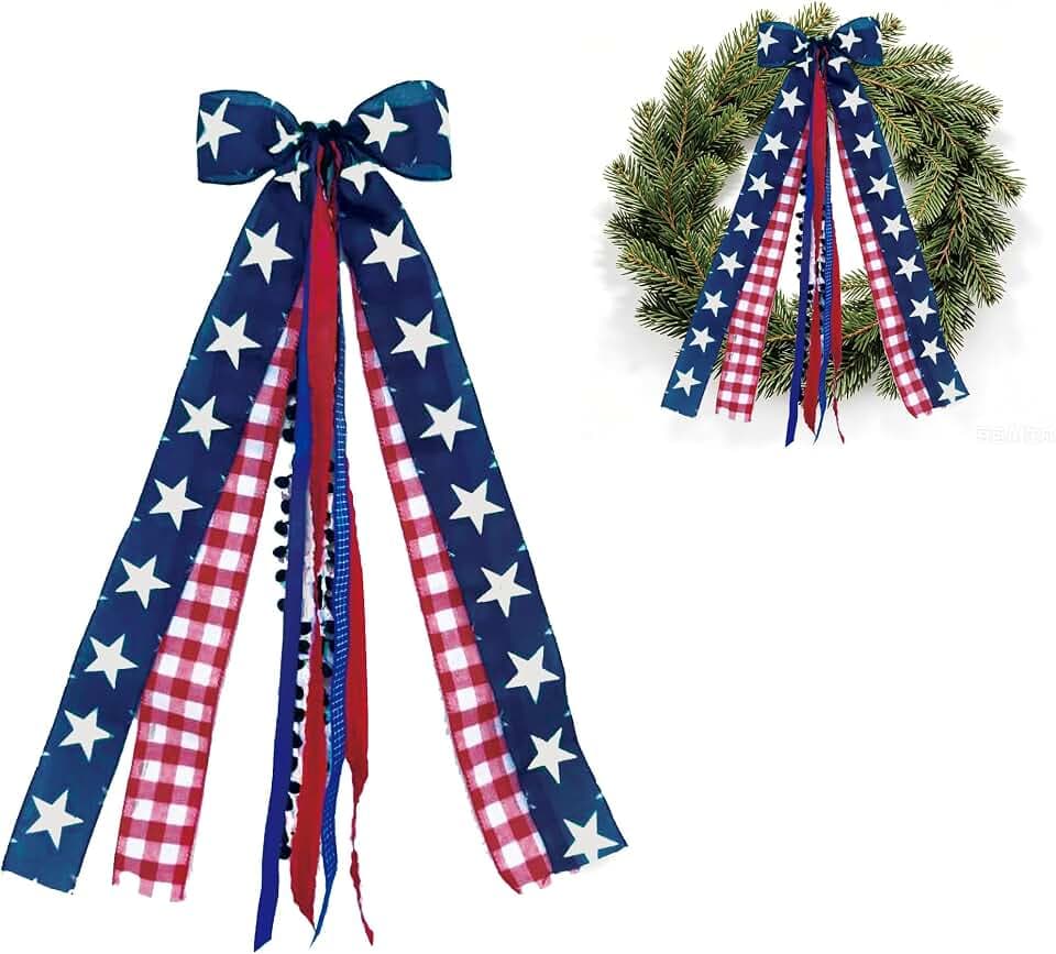 Patriotic Ribbon Bow Wreath Decoration July 4th Front Door Decor, 23.6 Inch Red White Blue Checkered Clip-on Star Shaped Bow, Indoor and Outdoor Decor for 250th Independence Day