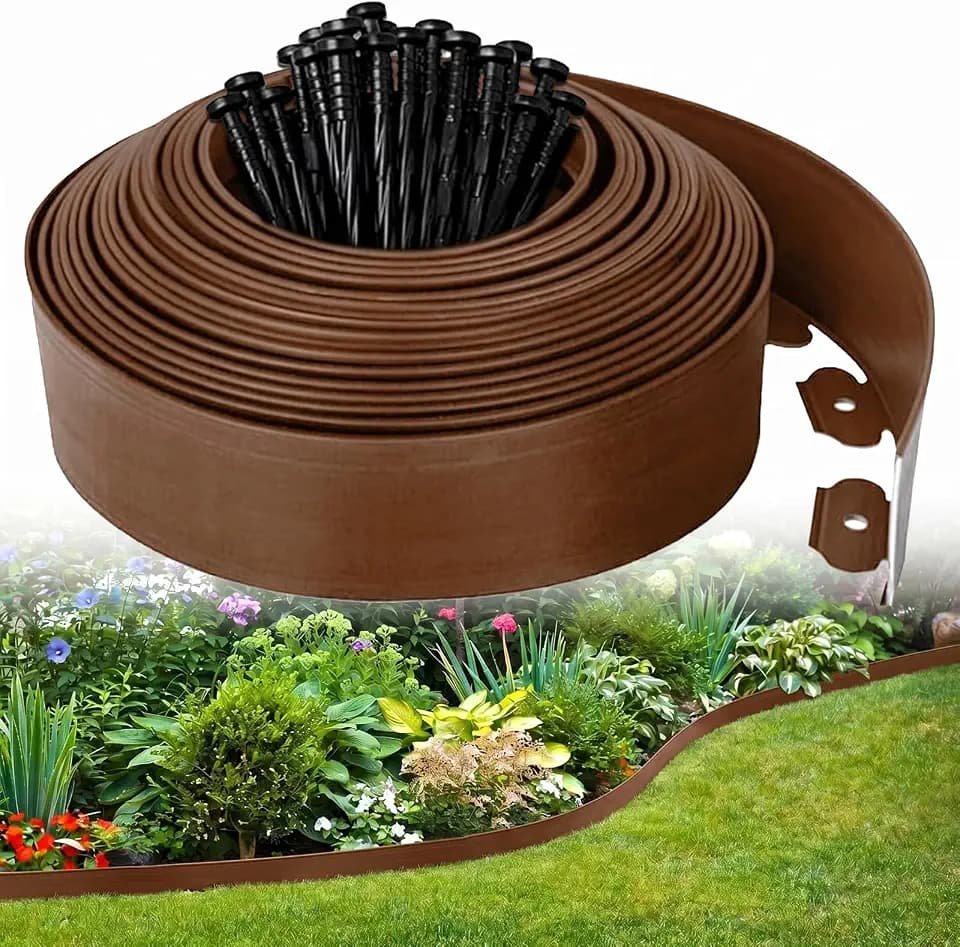 Landscape Edging 33FT, 4IN High Garden Edging Borders, Lawn Edging Kit with 50 Spikes, Plastic Fence Edge DIY for Yard, Tree, Flowerbeds, Landscaping,Grass -Brown