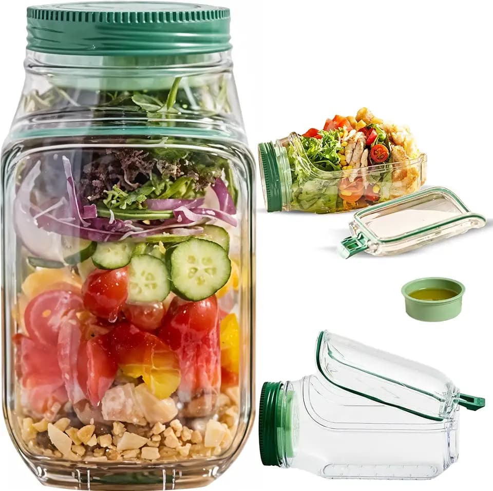 Salad Pod Mason Jar Side Open - Shaker Salad Bottle Container Jars with Dressing Cup Compartment Side Opening - Lid to Bowl Design Portable Pods for Lunch Travel On the Go Meal Prep