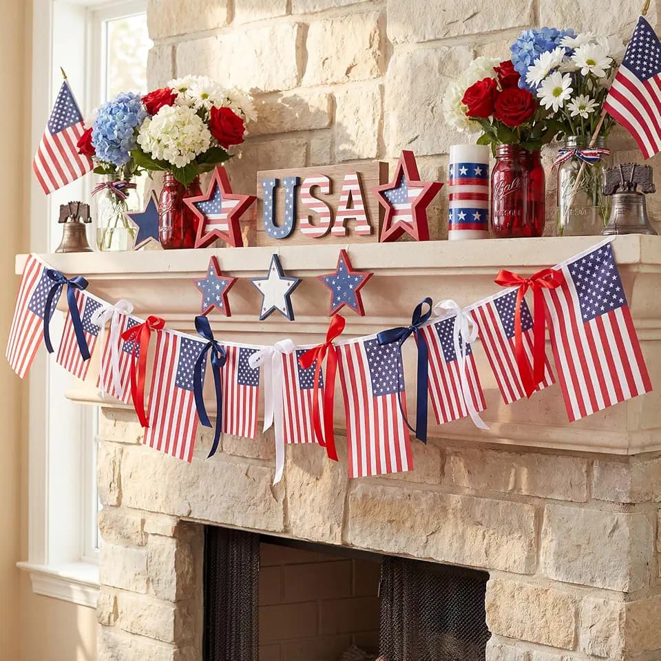 Chumia 6.56ft 4th of July American Flag Banner Bow Garland Red White Blue