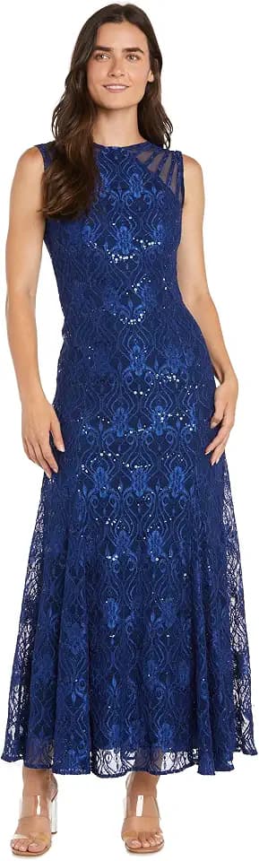 Sleeveless Sequin Lace Mermaid Gown W/Sheer Insets & Strappy Details
