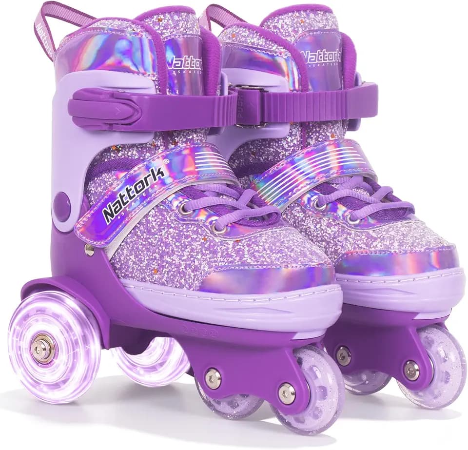 Nattork Toddler Roller Skates for Girls, 4 Adjustable Sizes Tri-Wheel Skates for Beginner Kids with Light-Up Wheels, for Indoor Outdoor Sports