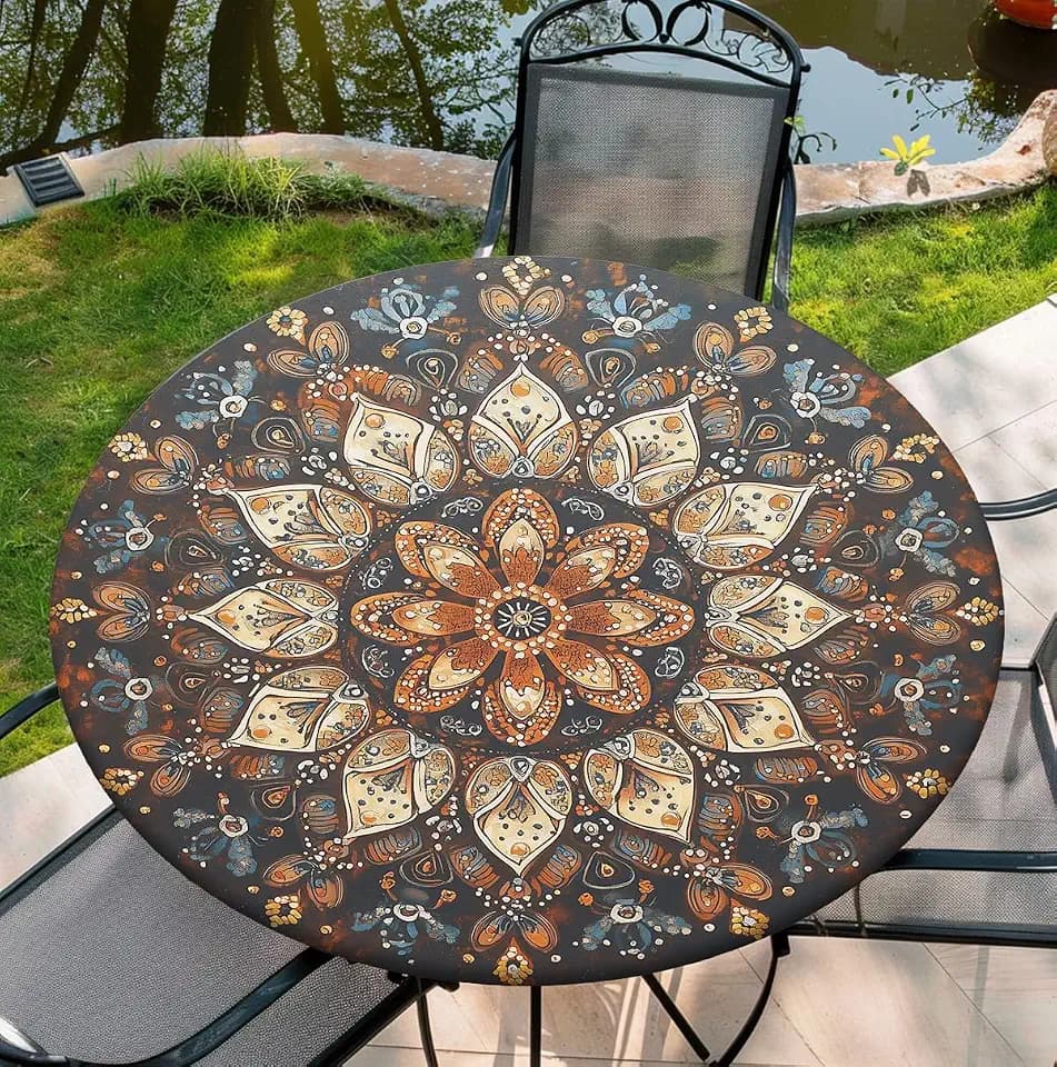 Round Table Cover for Round Tables 36"-70", Fitted Tablecloth with Elastic for Indoor Outdoor Party Holiday, 36inch, Boho