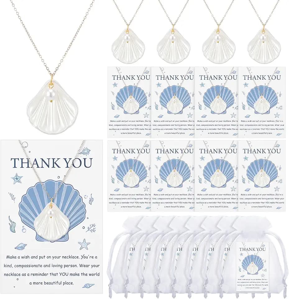 12 Set Seashell Necklace Bulk, Beach Party Favor Seashell Pearl Necklace