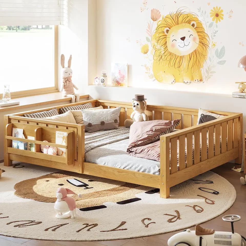 Full Size Montessori Floor Bed with Bookshelf and Slats, Light Natural