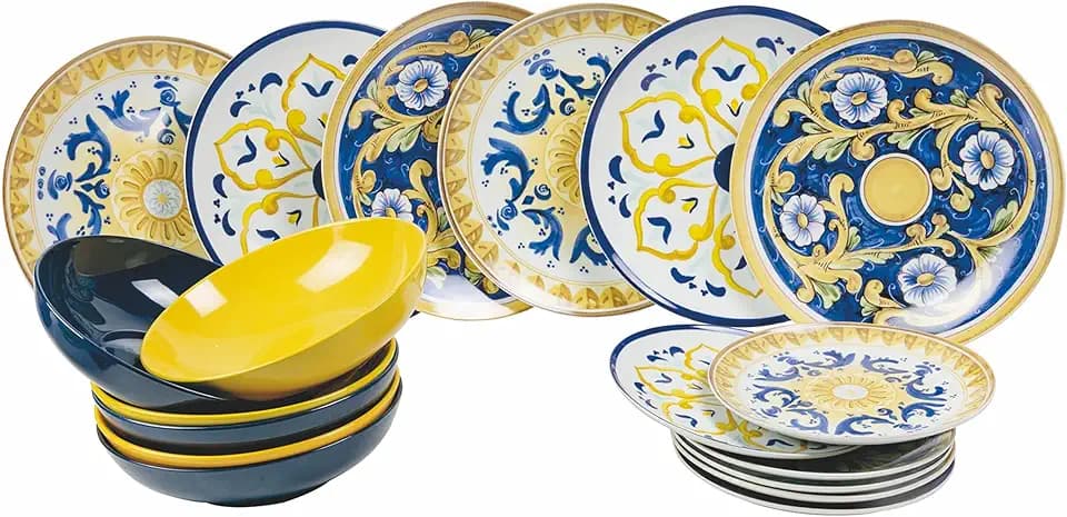 Tellerservice 18-teilig aus Porzellan und Steinzeug, 6 verschiedene Plätze, Sizilien