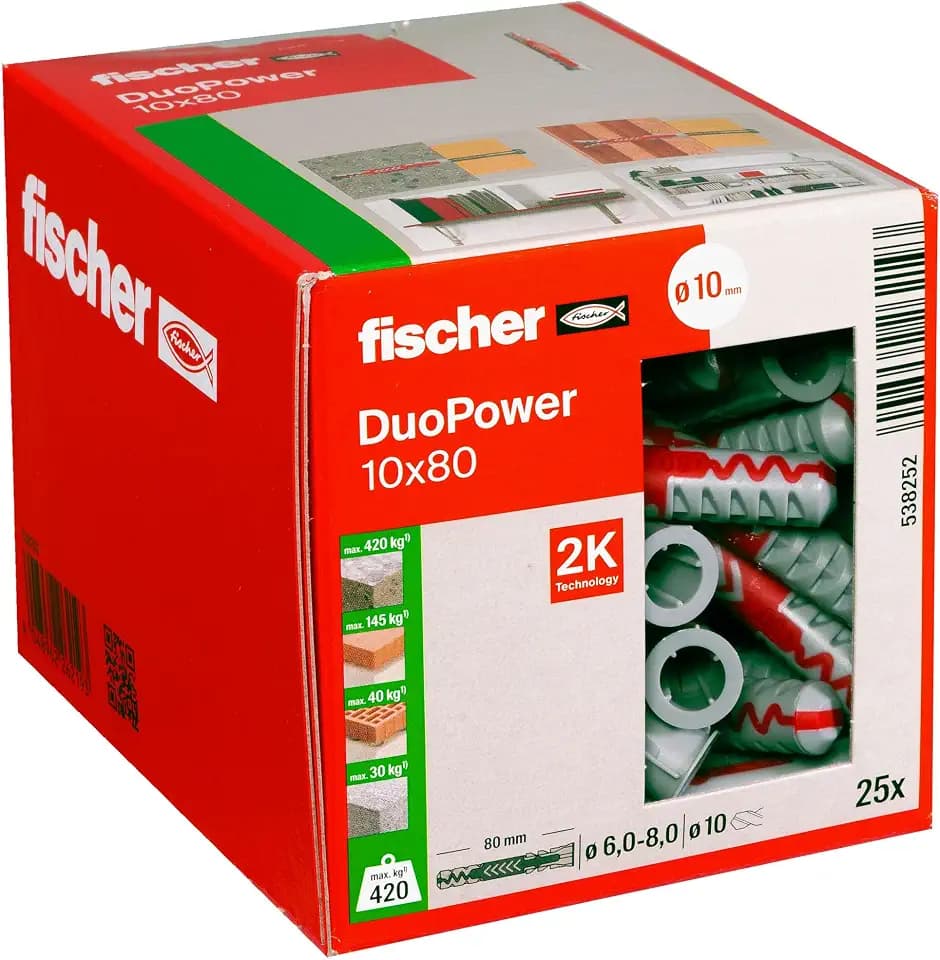 fischer DuoPower 10 x 80, Universaldübel, leistungsstarker 2-Komponenten-Dübel, Kunststoffdübel zur Befestigung in Beton, Ziegeln, Stein, Gipsbauplatten uvm., ohne Schrauben, 25 Stück