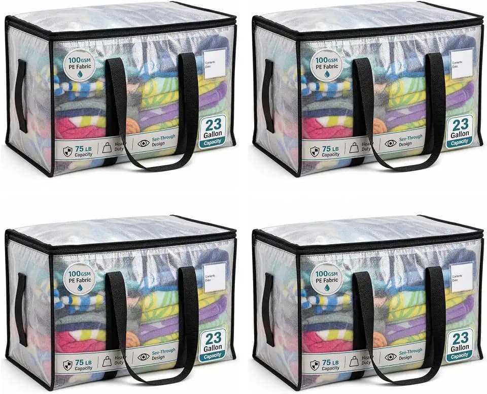 Heavy Duty Semi-Transparent PE Moving Bags - 100GSM Fabric with #5 Metal Zipper, Reinforced Handles, 23 Gallon Storage Totes, Water Resistant, 75 lb Capacity (4)