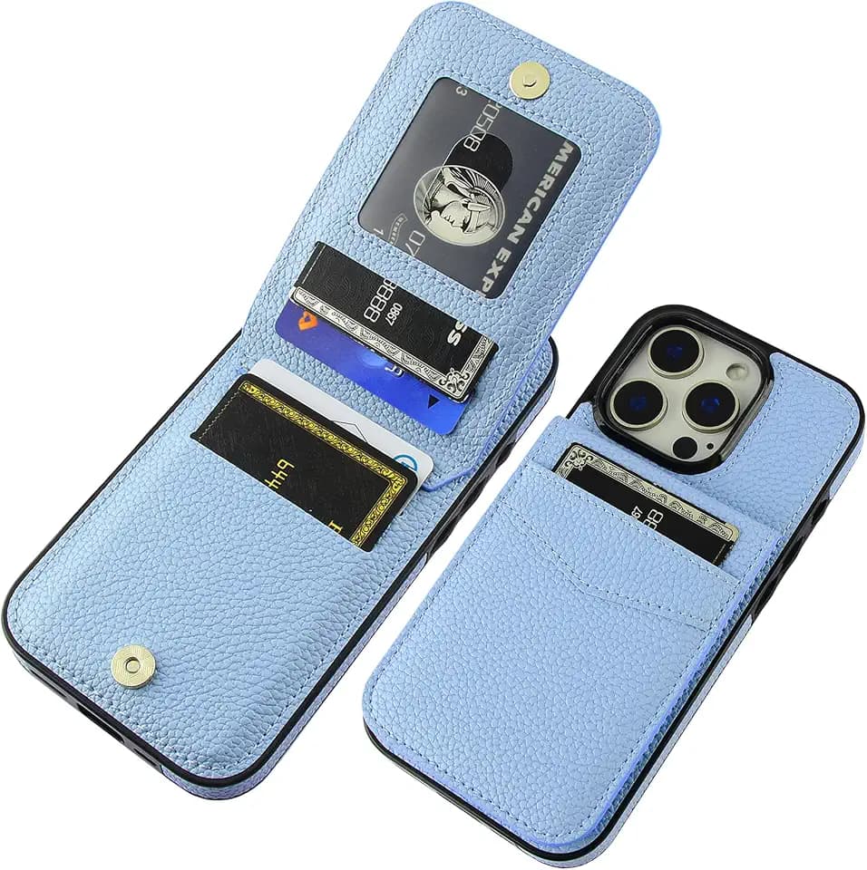 KIHUWEY for iPhone 16 Pro Wallet Case Card Holder, Lichee Light Blue