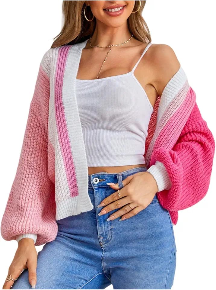 SHENHE Women's Color Block Cropped Cardigan Open Front Ribbed Knit Sweaters