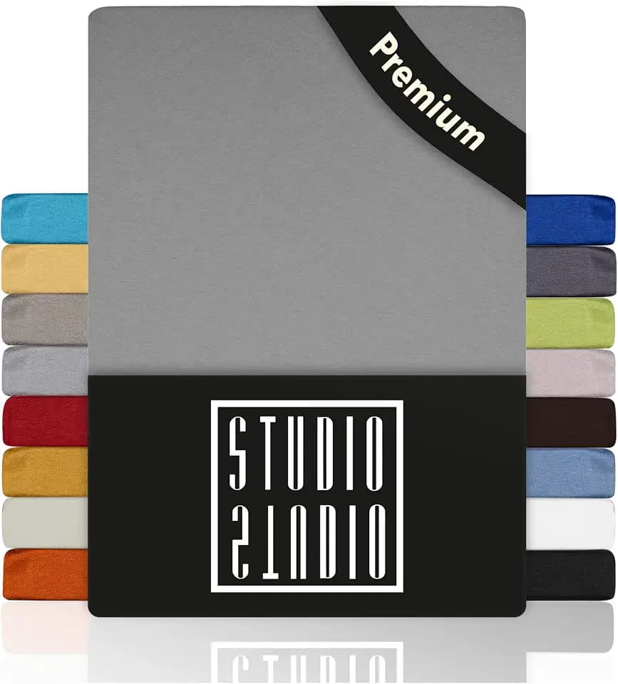 STUDIO Premium Spannbettlaken 140x200cm, 140x220cm, 160x200cm & 160x220cm – Jersey-Spannbetttuch aus 97 % Baumwolle & 3 % Elastan – Silber – Öko-Tex Zertifiziert, bügelfrei – für Matratzen 15–35cm