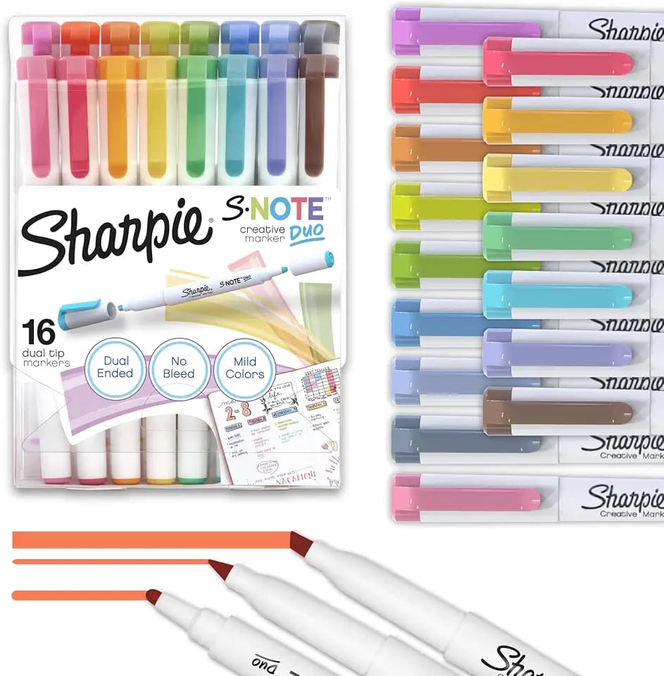 Sharpie S-Note Duo Dual-Tip Creative Highlighters, Assorted Mild Colors, No Bleed, Fine and Chisel Tips, Includes Stand-Up Easel, 16 Count