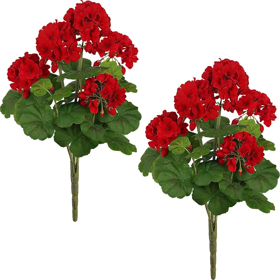 FOREST PRINCE 18"Artificial Geraniums for Outdoors, 2-Pack Red Silk Flowers