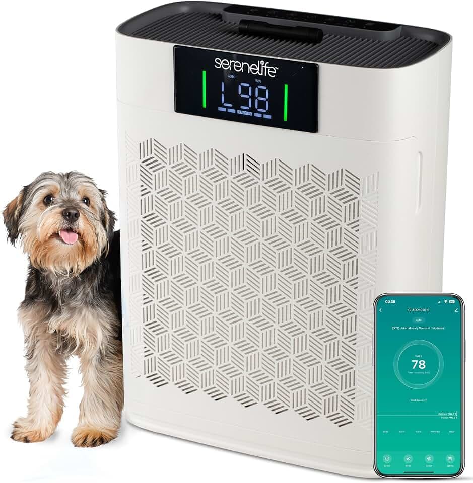 SereneLife Luftfilter, Luftreiniger, HEPA Filter, Air Duster für Zuhause, Schlafzimmer, Luftreiniger Allergiker für Rauch Haustier Schuppen Gerüche, Raumlüfter bis 100 m², APP- Steuerung, 20db, Weiß
