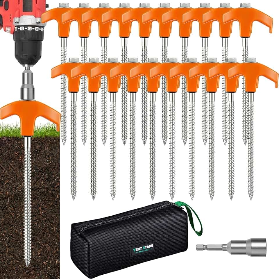 20 Pack 8" Heavy Duty Screw in Tent Stakes, Metal Camping Stakes, Drill-In Ground Anchor, Threaded Stakes for Canopies, Gardening, Yard Inflatables, with Hex Socket and Storage Bag (Orange)