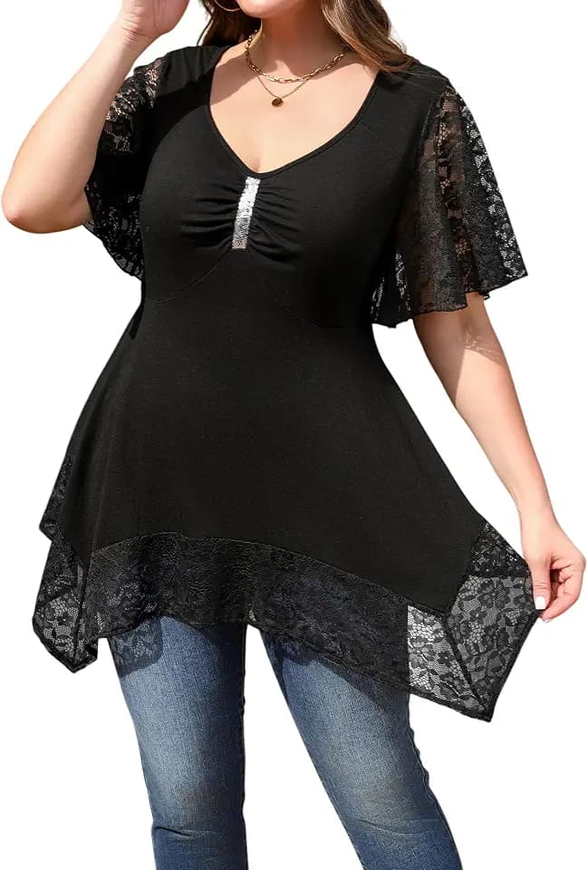 Damen Große Größen Spitze Trim Kurzarm Sommer Shirt 2025, V Neck Pailletten Tops Casual Party T-Shirt Flowy Tunika