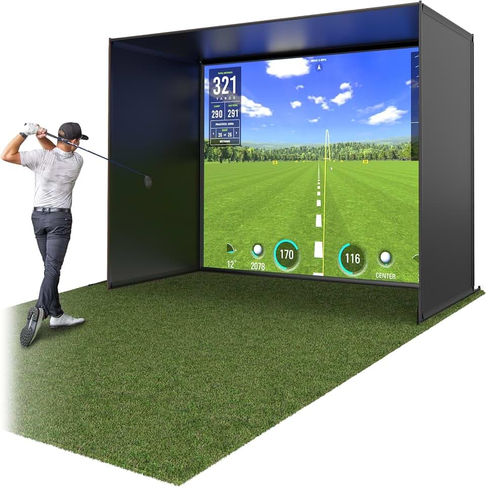 GoSports Golf Simulator Enclosure Nets - Complete Set with Frame and HD Impact Screen Kit - Indoor At Home Golf Training Equipment - Choose 10x8 ft, 12x9 ft, or 14x8 ft