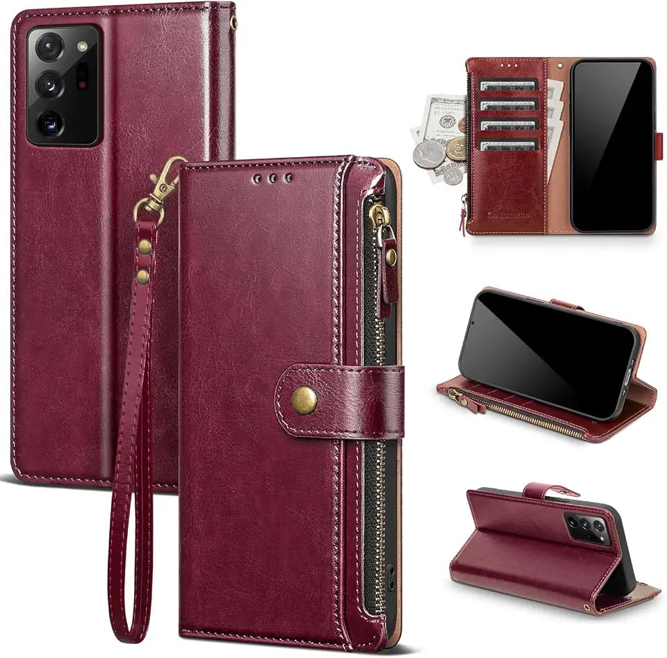 Compatible with Samsung Galaxy Note 20 Ultra 5G Wallet Case with Card Holder RFID Blocking Zipper PU Leather Phone Case Flip Protective Cover Wrist Strap Credit Card Slots Men Women,Wine Red