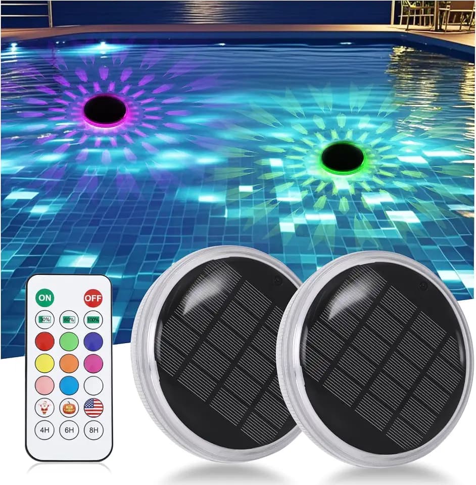 Energetic Solar Floating Pool Lights, IP67 Waterproof LED Pool Lights with Remote Control, RGBW Color Changing Decor Lighting for Pond, Bathtub, Dusk to Dawn, Dimmable, Timer, 2 Pack