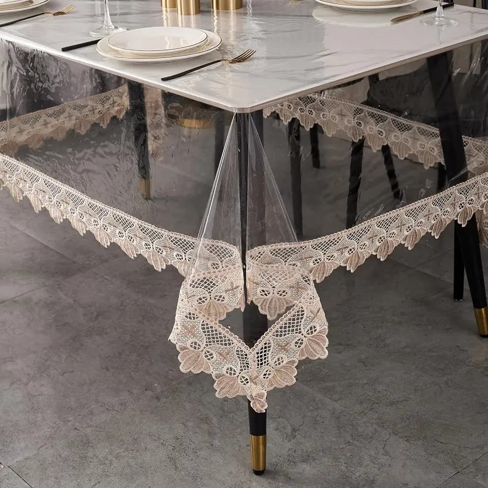 Clear Tablecloth Protector, 0.15mm Heavy Duty Waterproof Vinyl Table Cover with Elegant Lace Trim, Crystal Clear Oilproof Wipeable Reusable Rectangle Tablecloths for Dining Table, 60 x 108 Inch