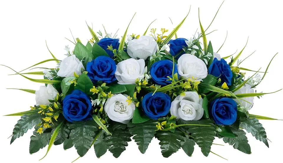 MOOMASS Cemetery Headstone Flower Saddle - Artificial Cemetery Flowers Rose, Grave Decoration，Non-Bleed Colors, and Easy Fit (Dark Blue+White, Saddle)