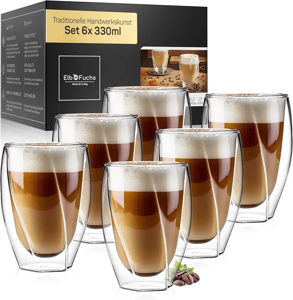 ElbFuchs® Latte Macchiato Gläser doppelwandig [6x 330ml] GASTRO-QUALITÄT | Kristallklare Thermogläser doppelwandig | Ideal als Cappuccino Gläser | Kaffeegläser | Teegläse