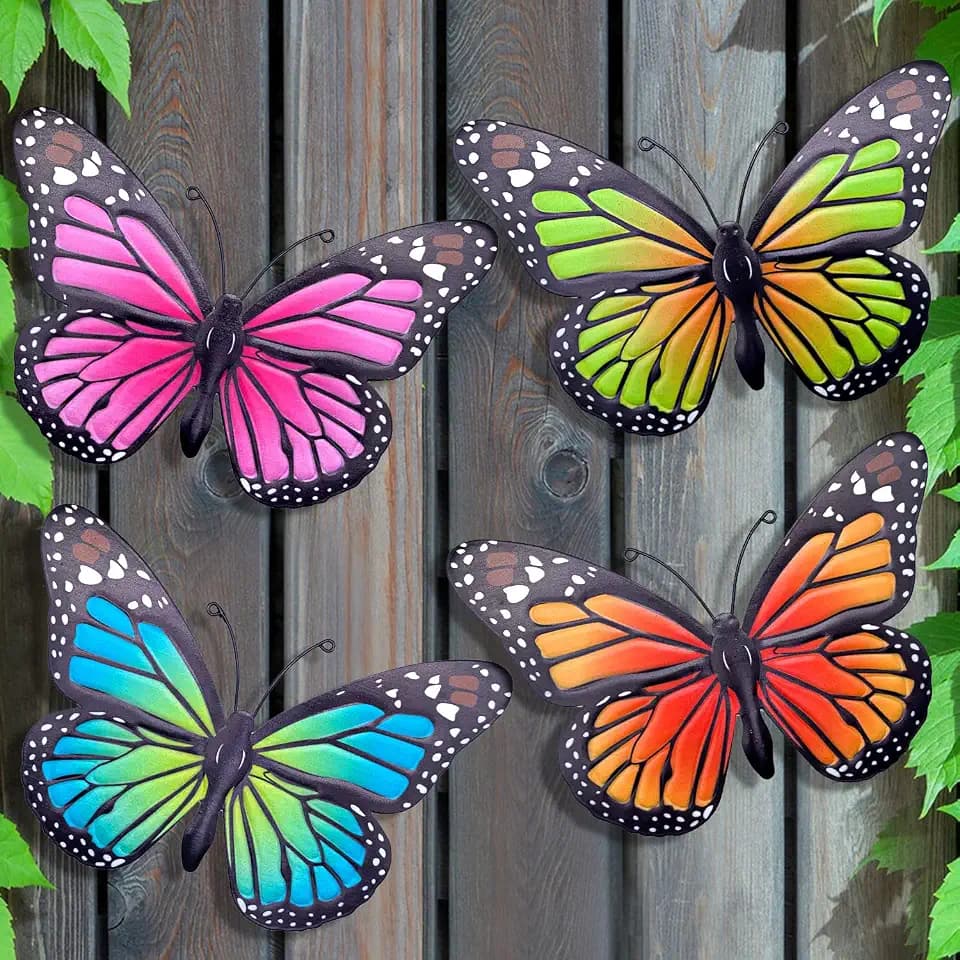 Metal Butterfly Wall Art - 4 Pack 9.8in Butterflies Wall Sculpture Hanging Decor for Outdoor and Indoor, Balcony Yard Patio Fence Garden Decorations