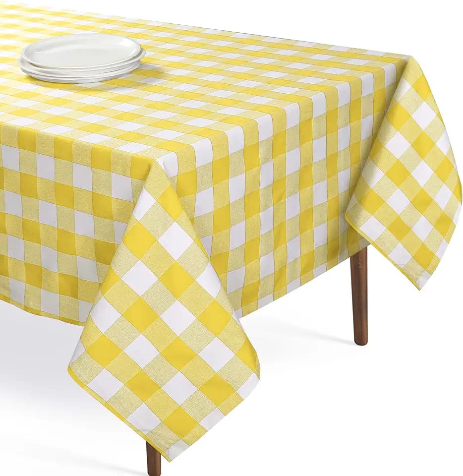 Lemon Yellow and White Buffalo Check Tablecloth, 52x70 Inches, Plaid Dining Table Cover, 100% Cotton, Washable, Reusable Table Linen for Holiday Gatherings, Wedding and Everyday Décor