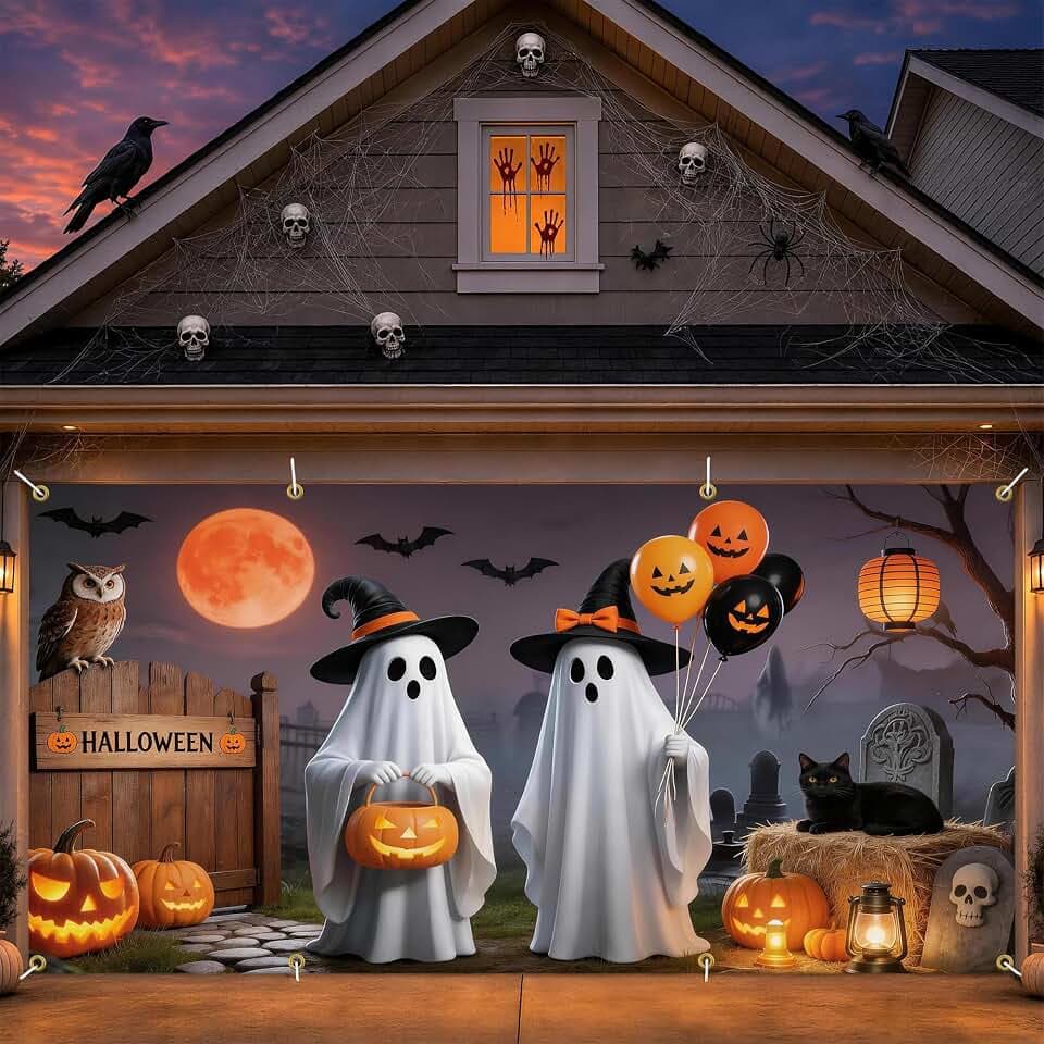 Halloween Garage Door Banner 6x13 ft Outdoor Decoration Ghost Couple