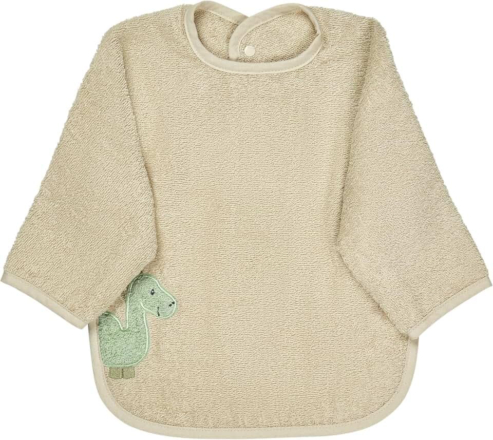 Sterntaler Frottee Ärmellätzchen Dino Rexi - Baby Lätzchen mit Ärmel aus saugfähiger Baumwolle mit Applikation und praktischem Druckknopfverschluss, beige