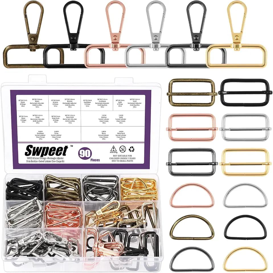 Swpeet 90pcs 6 Farben 38MM Metall D Ring & Rechteck Justierer Triglides Rutschen Schnalle & D Ring Drehbare Hummer Verschluss Kit, Halbkreis D Ringe Rollenstift Schnallen Drehbare Snap Haken