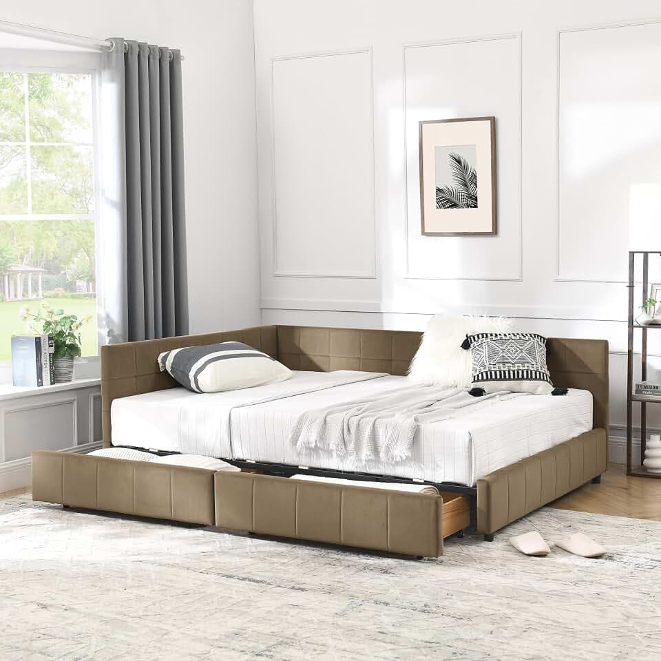 Ball & Cast Full Size Daybed with Storage Drawers, Velevet Upholstered Day Bed Frame with Tufted Backrest and Armrests,Solid Wood Slat Support,No Box Spring Needed,Brown