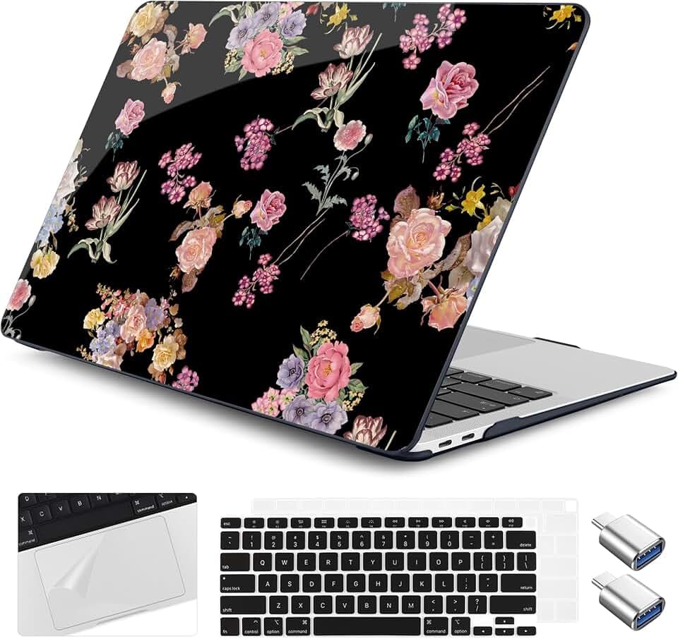 for M1 MacBook Air 13 inch Case 2021 2020 2019 2018 Model A2337/A2179/A1932, Laptop Hard Shell Case with Keyboard Cover & Trackpad Protector & 2 OTG Adapters, Black Floral