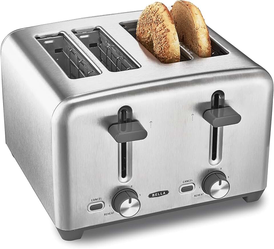 BELLA 4-Scheiben-Toaster mit extra breiten Toastschlitzen und herausnehmbarem Krümelfach – 6 Bräunungsstufen, Abschaltautomatik und Aufwärmfunktion – Toastbrot, Bagel und Waffeln