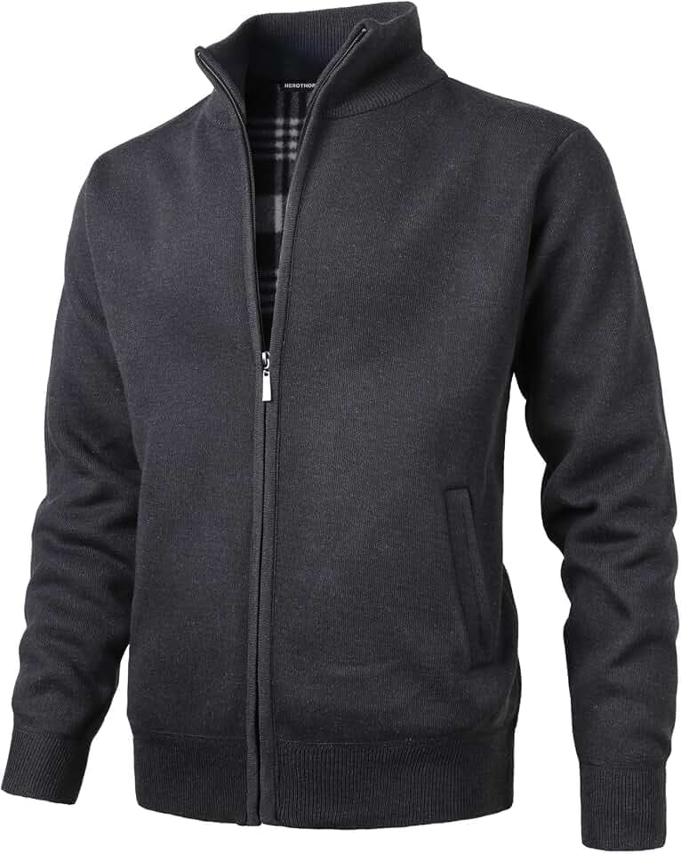 Herren Fleece Strickjacke Stehkragen Grobstrick Einfarbig Cardigan Pullover Langarm Fleecejacke Winterpullover mit Seitentaschen