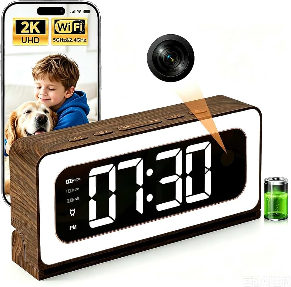 Alarm Clock Camera, Wood Grain,5G & 2.4GHz WiFi Nanny Cam Wireless Indoor Camera,2K Security Camera for Home Baby Pet Monitor, Human Motion Detection Alerts, Color Night Vision