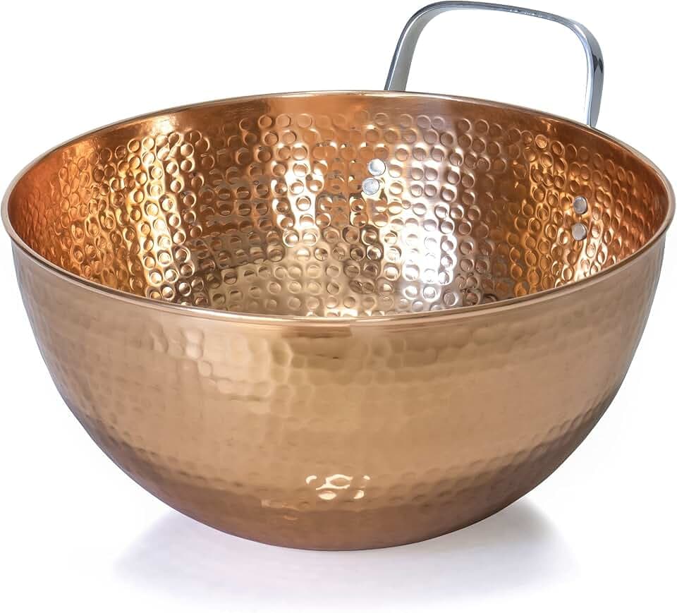 Red Co. 5 Quarts Large 11” Round Hammered Pure Copper Mixing Bowl with Handle
