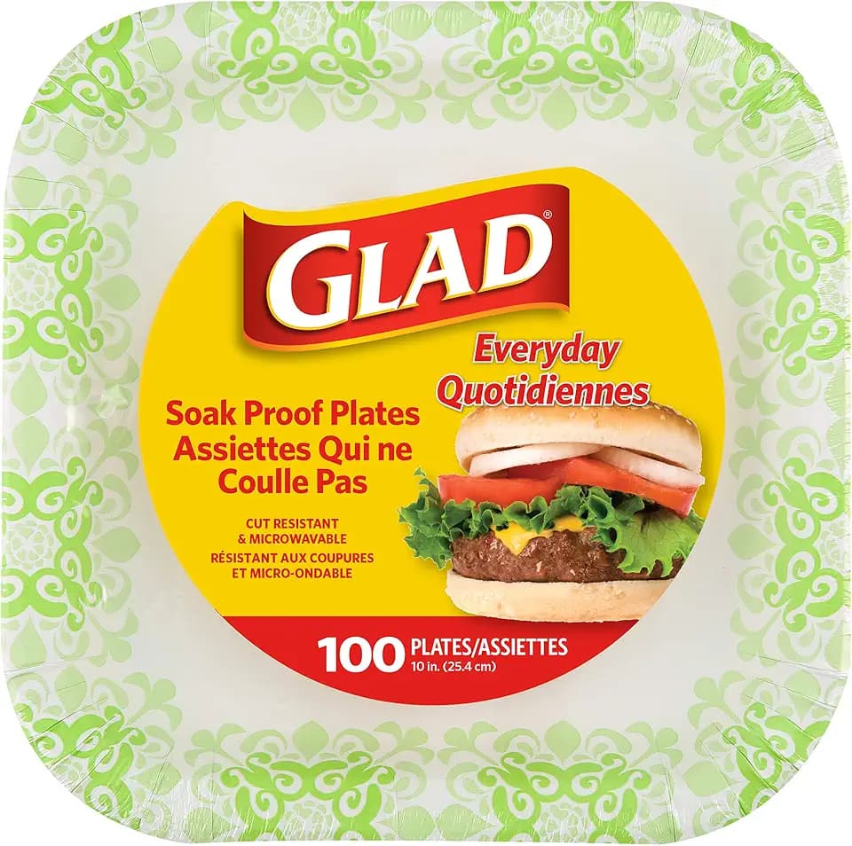Glad Square Disposable Paper Plates, Green Victorian, 10 Inch, 100 Count