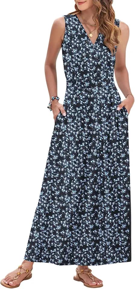 AUSELILY Womens Maxi Dress Summer Sleeveless Wrap Long Dresses with Pockets