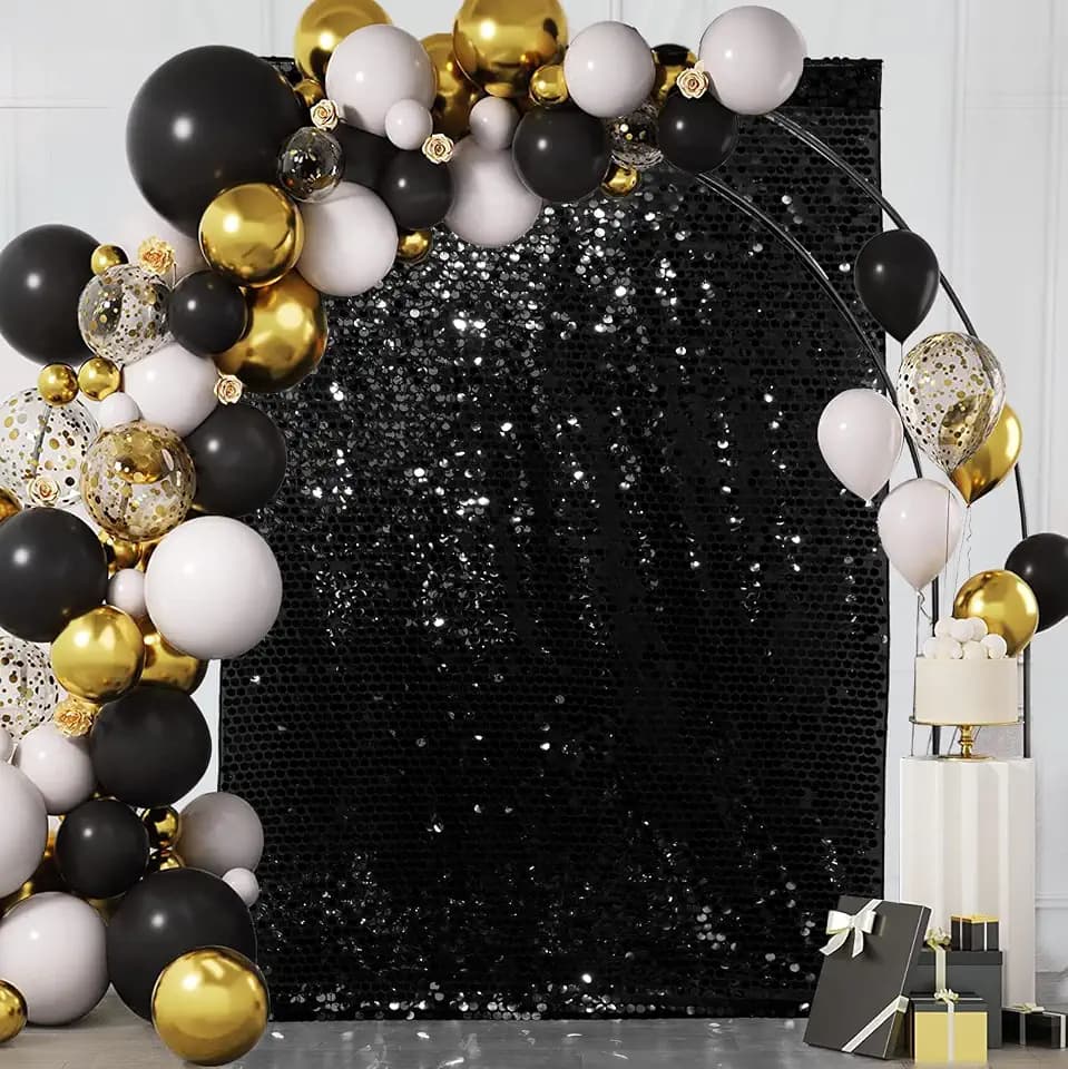 PartyDelight Sequin Wall Backdrop Black Shiny Panels Shimmer Photography Props 4Ftx7Ft for Halloween Birthday Wedding Party Decoration
