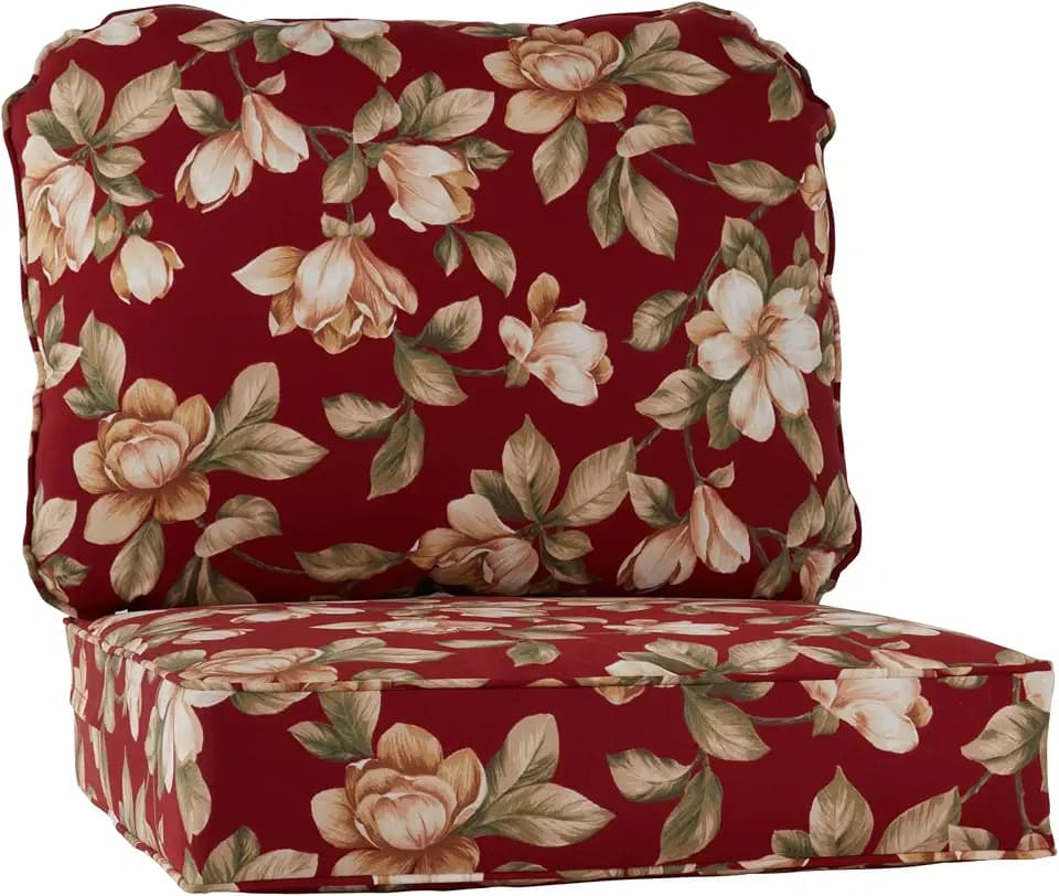Outdoor Deep Seat Cushion Set 24x24 Seat + 28x22 Back – Plush Fiber Fill Seat, Patio Lounge Replacement Cushion, Corded Trim, Durable Polyester Fabric with Ties, Roma Floral