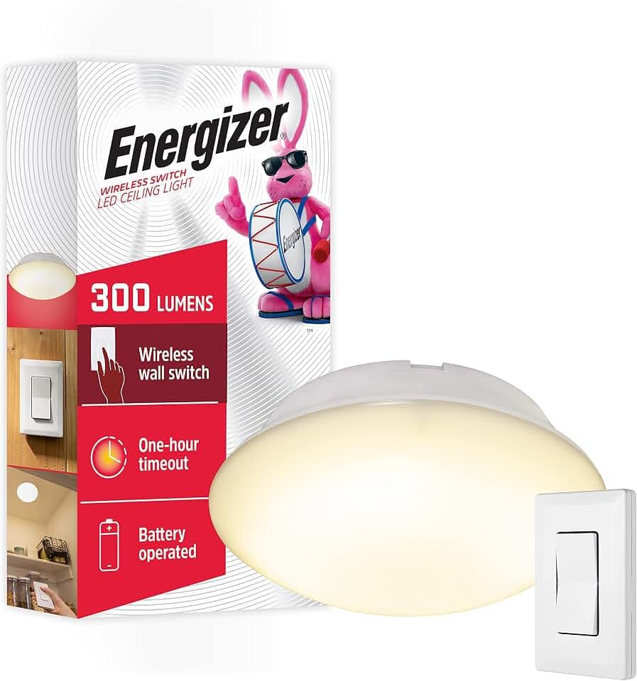 Energizer LED-Deckenleuchte, batteriebetrieben, kabellos, Wandschalter, Fernbedienung, 300 Lumen, Deckenleuchte ohne Strom, perfekt für Schränke, Waschküche, Garage, Schuppen und mehr, 58823-T1