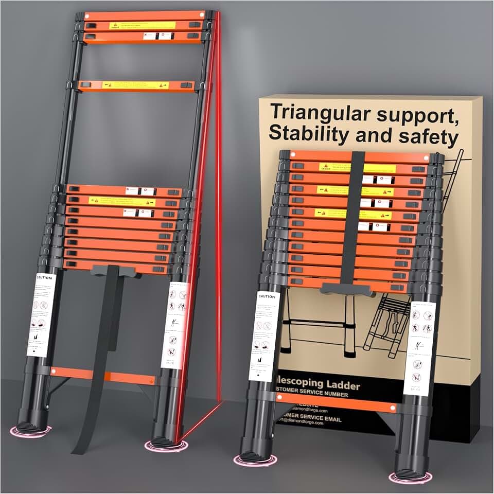 Telescoping Ladder, 12.5 FT Aluminum Extension Ladder 330 Lbs, Black Orange